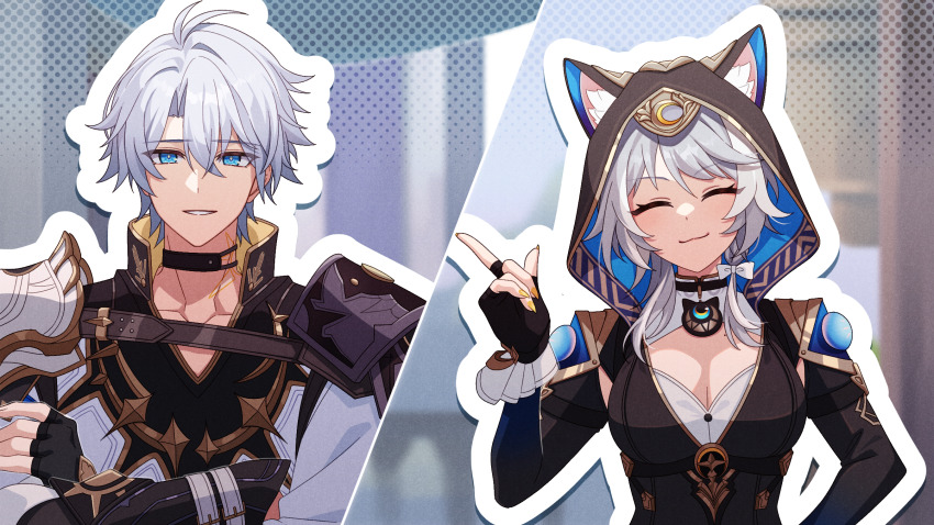 1boy 1girl animal_ear_fluff animal_ears animal_hood antenna_hair armor black_gloves black_shirt blue_eyes breasts cat_ears cat_girl cat_hood choker cipher_(honkai:_star_rail) closed_eyes closed_mouth crossed_arms fingerless_gloves gloves grey_hair hair_between_eyes highres honkai:_star_rail honkai_(series) hood long_hair long_sleeves phainon_(honkai:_star_rail) pochimaru_(marumaru_wanwan) second-party_source shirt short_hair shoulder_armor smile tattoo teeth white_hair