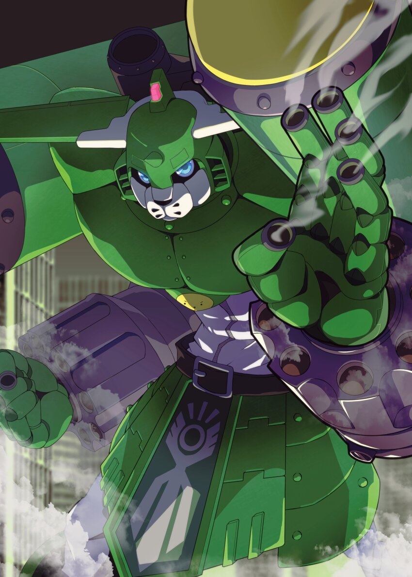 1boy absurdres building clenched_hand cowboy_shot digimon digimon_(creature) digimon_tamers fighting_stance finger_cannon green_eyes gun harry_m_kotarow highres male_focus mecha outdoors robot saintgalgomon skyscraper smoke smoking_barrel solo weapon