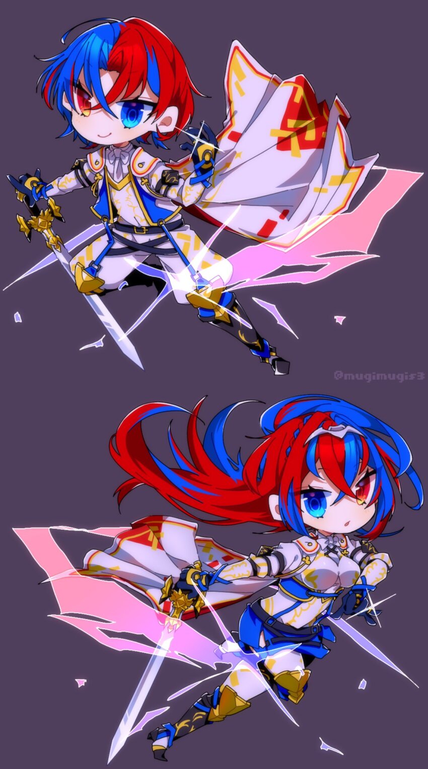 1girl alear_(female)_(fire_emblem) alear_(fire_emblem) alear_(male)_(fire_emblem) armor blue_eyes blue_hair braid breasts chibi crossed_bangs crown_braid emblem_ring fire_emblem fire_emblem_engage heterochromia highres holding holding_weapon liberation_(fire_emblem) long_hair looking_at_viewer medium_breasts mugimugis multicolored_hair nintendo red_eyes red_hair split-color_hair sword thigh_strap thighhighs tiara two-tone_hair very_long_hair weapon