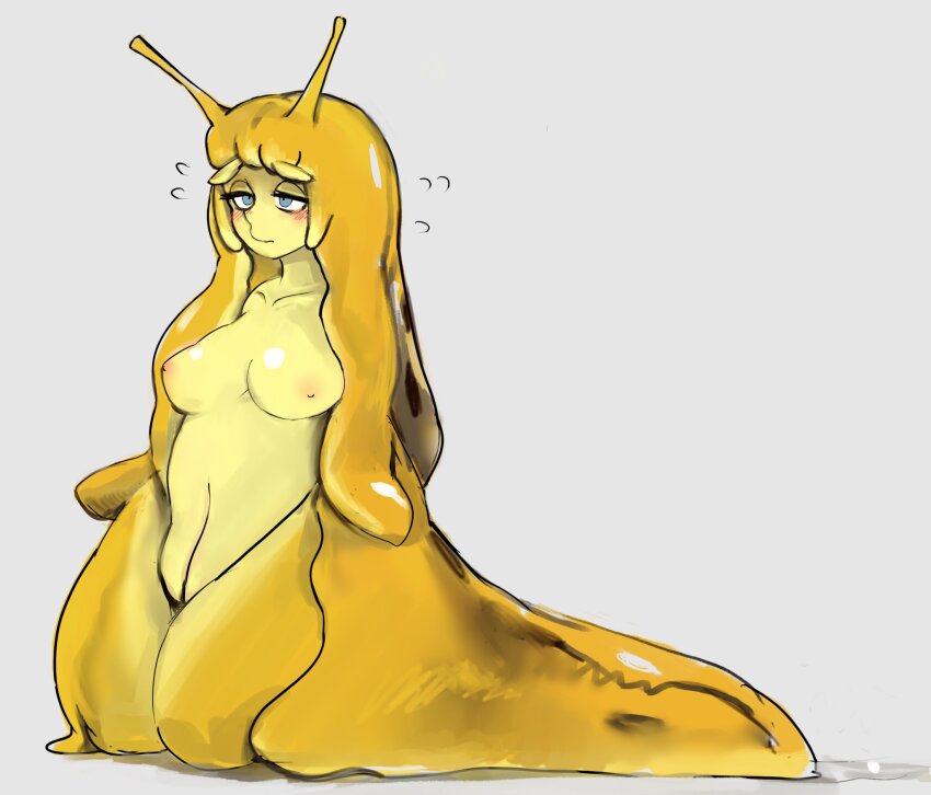 5ansfaction blue_eyes blushing_female colored_skin female highres monster_girl nude slug_girl solo yellow_skin