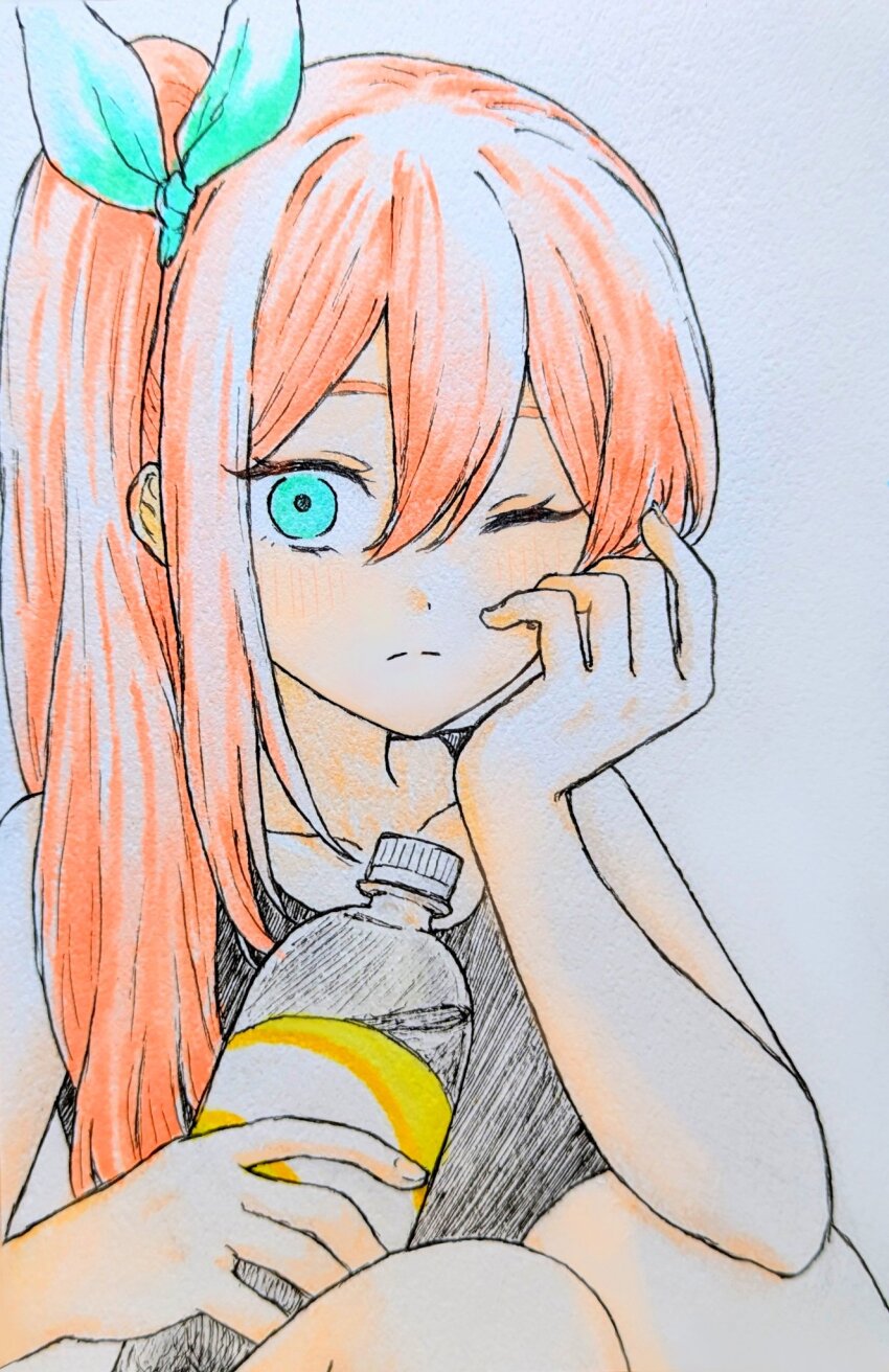 1girl ;( alternate_hairstyle aqua_bow aqua_eyes aubrey_(faraway)_(omori) aubrey_(omori) bare_arms bare_shoulders black_tank_top bottle bow closed_mouth collarbone commentary_request double-parted_bangs feet_out_of_frame fingernails frown grey_background hair_between_eyes hair_bow hand_on_own_cheek hand_on_own_face hand_up hatching_(texture) high_side_ponytail highres holding holding_bottle knees_up long_hair looking_at_viewer mimn_(kdjgxrt1xt69701) omori one_eye_closed side_ponytail simple_background sitting solo tank_top traditional_media water_bottle