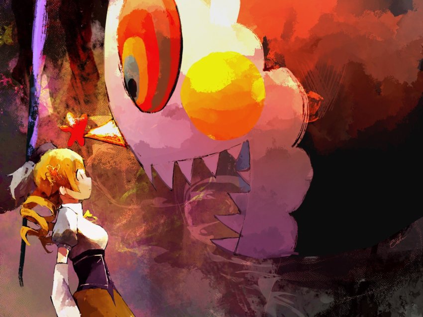 1girl black_headwear blonde_hair breasts charlotte_(madoka_magica) closed_mouth commentary_request corset detached_sleeves drill_hair from_side hair_ornament hairpin long_hair looking_at_another looking_at_viewer mahou_shoujo_madoka_magica mahou_shoujo_madoka_magica_(anime) mami_mogu_mogu medium_breasts neck_ribbon open_mouth pinosan profile puffy_short_sleeves puffy_sleeves ribbon sharp_teeth shirt short_sleeves signature skirt spoilers teeth tomoe_mami tomoe_mami_(magical_girl) twin_drills underbust white_shirt yellow_eyes yellow_ribbon yellow_skirt