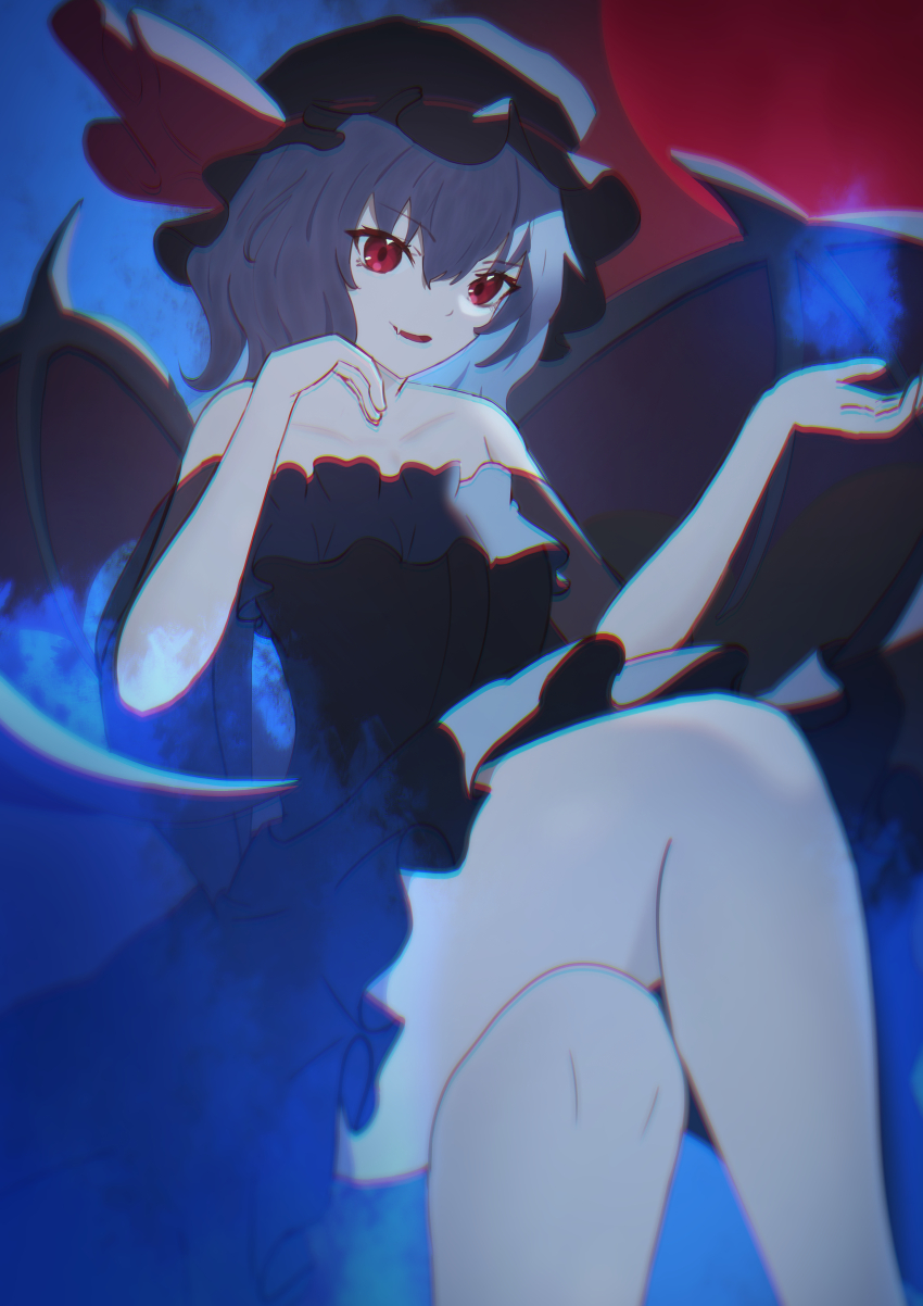 1girl absurdres bare_shoulders black_hat black_shirt black_skirt collarbone crossed_legs fang fire frilled_hat frills hair_between_eyes hair_ribbon hand_on_own_face hands_up hat hat_ribbon highres hitodama mob_cap multicolored_hair off-shoulder_shirt off_shoulder parted_lips pleated_skirt purple_hair red_eyes red_ribbon remilia_scarlet ribbon shirt skin_fang skirt smile solo tachyon663504 thighs touhou