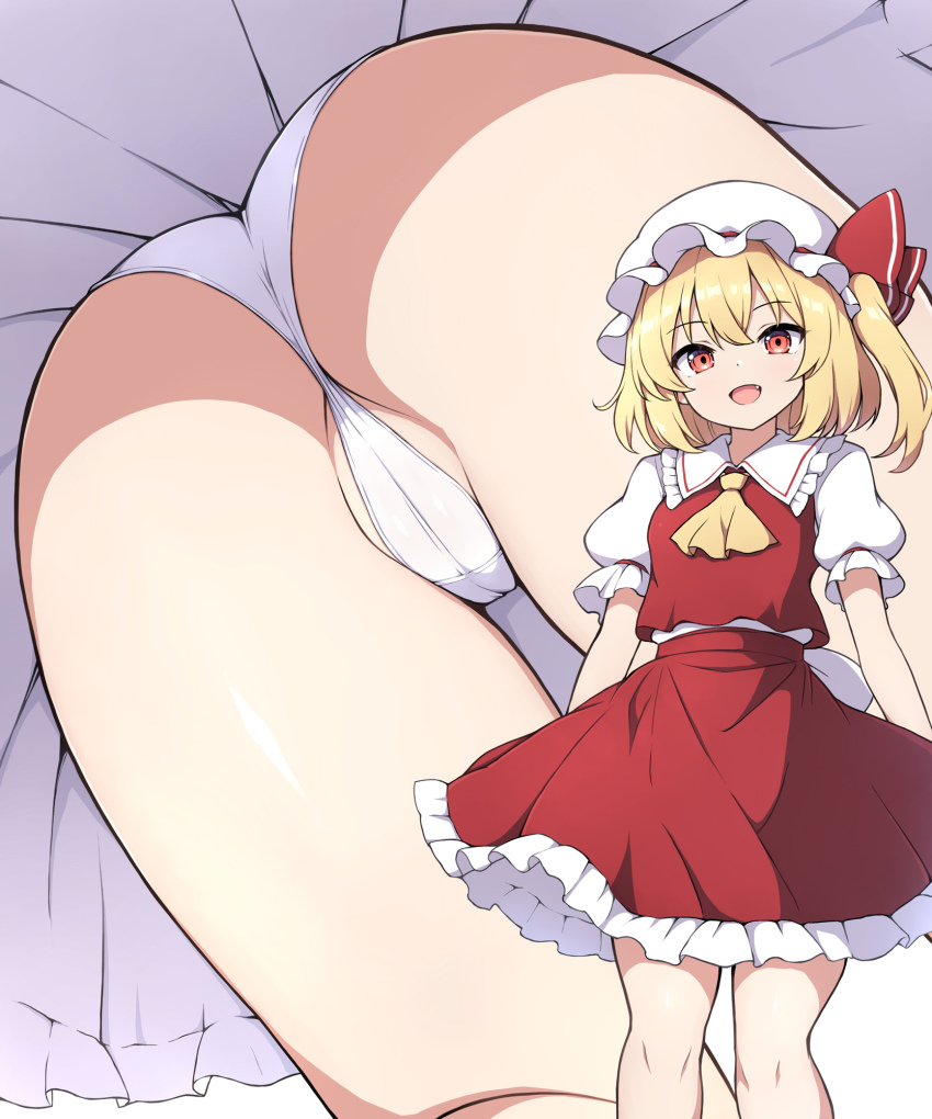 1girl :d ascot ass blonde_hair flandre_scarlet hat highres looking_at_viewer mob_cap multiple_views open_mouth panties puffy_short_sleeves puffy_sleeves red_eyes red_skirt rizento short_hair short_sleeves side_ponytail skirt smile touhou underwear white_hat white_panties yellow_ascot