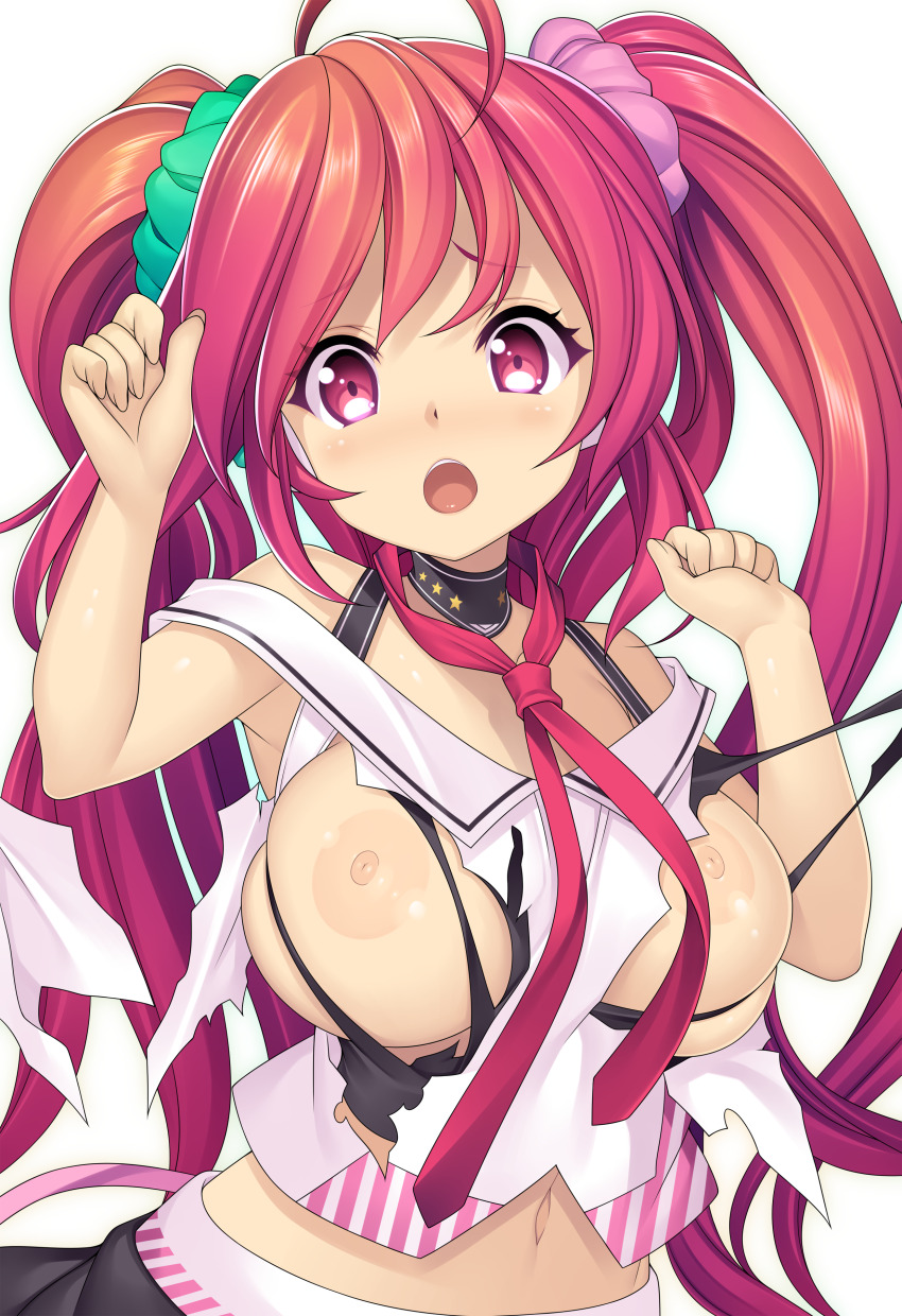 1girl absurdres ahoge bemani breasts highres kinoshita_ichi large_breasts long_hair navel necktie nipples pink_eyes pink_hair rasis solo sound_voltex twintails very_long_hair