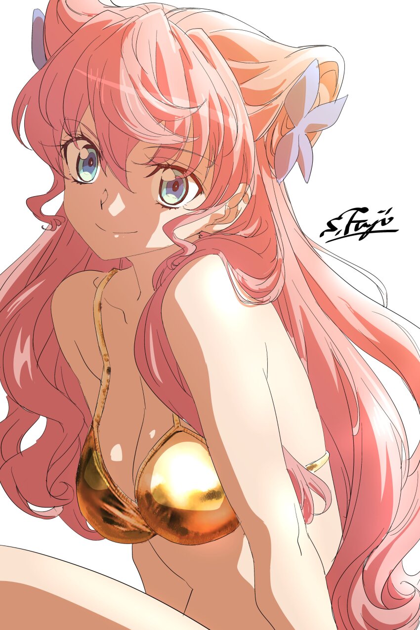 1girl absurdres bikini breasts cleavage fujimoto_satoru gold_bikini highres looking_at_viewer maria_cadenzavna_eve medium_breasts pink_hair senki_zesshou_symphogear simple_background swimsuit tagme white_background