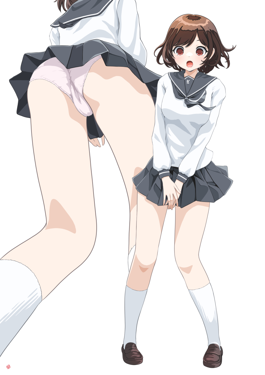 1girl :o absurdres ass breasts brown_eyes brown_hair cameltoe commentary_request crotch_seam floating_hair from_below full_body grey_sailor_collar grey_skirt highres kneehighs long_sleeves medium_breasts miniskirt mtu_virus multiple_views nao_suke open_mouth original panties pantyshot pleated_skirt sailor_collar school_uniform shirt short_hair simple_background skirt skirt_tug socks standing surprised trefoil underwear upskirt white_background white_panties white_shirt white_socks