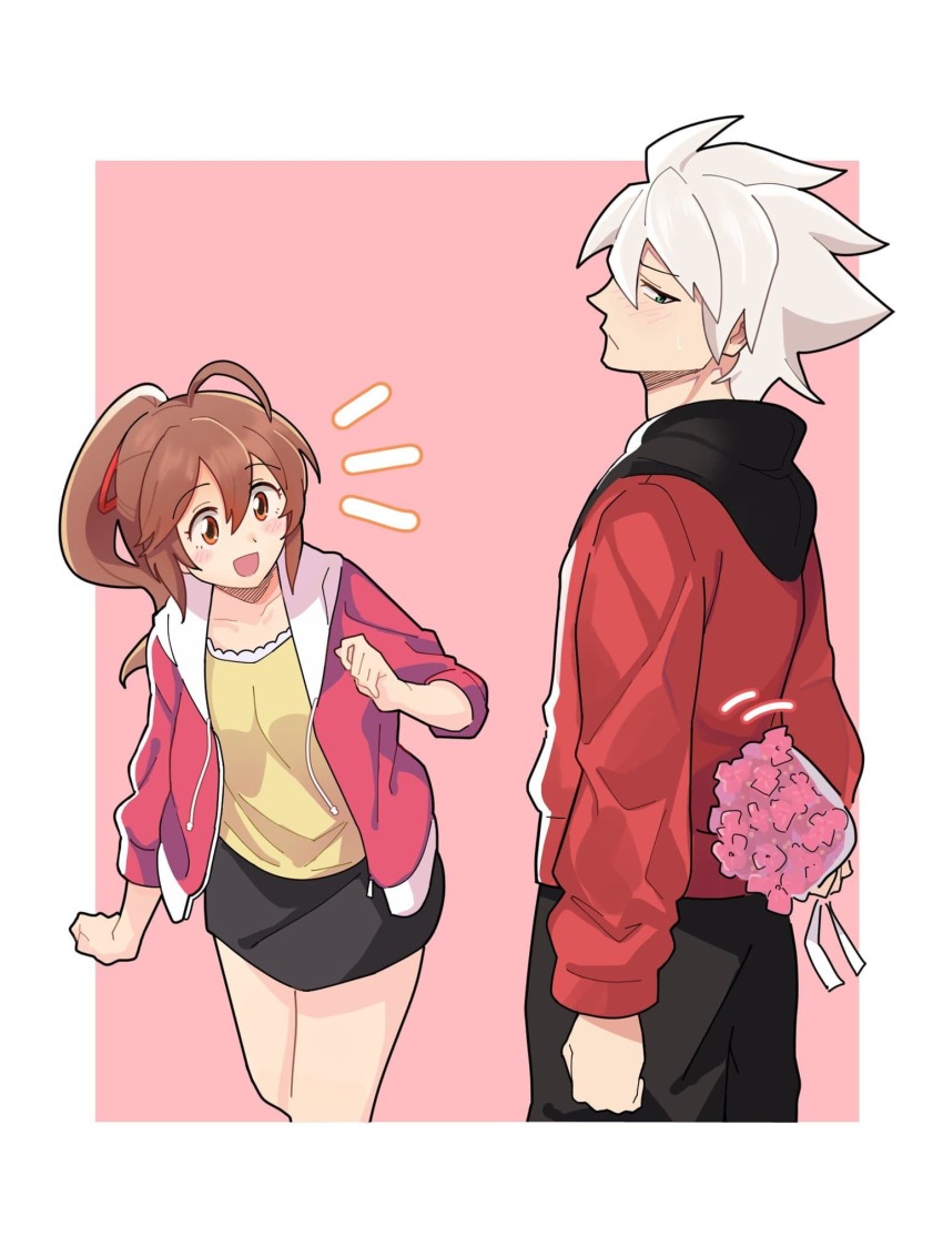 1boy 1girl ahoge black_pants blazblue blush brown_hair celica_a._mercury couple flower gift green_eyes hair_ribbon highres holding holding_gift incoming_gift jacket pants pink_jacket ponytail ragna_the_bloodedge red_jacket red_ribbon ribbon skirt sleepy_frippy spiked_hair white_day white_hair