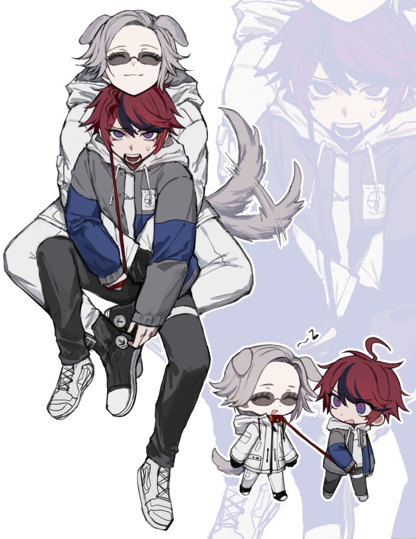 2boys absurdres ahoge animal_ears aotsuki_eito black_gloves black_hair black_pants black_shoes chibi closed_mouth coat collar commentary dog_boy dog_ears dog_tail english_commentary full_body gloves grey_jacket highres holding holding_leash hood hoodie hug hug_from_behind jacket leash long_sleeves male_focus multicolored_hair multiple_boys musical_note open_mouth pants red_hair shoes simple_background smile spoken_musical_note streaked_hair sumino_takumi sunglasses tail tail_wagging the_hundred_line_-last_defense_academy- tsu_(lovesick1964) white_background white_coat white_hoodie white_shoes yaoi zoom_layer