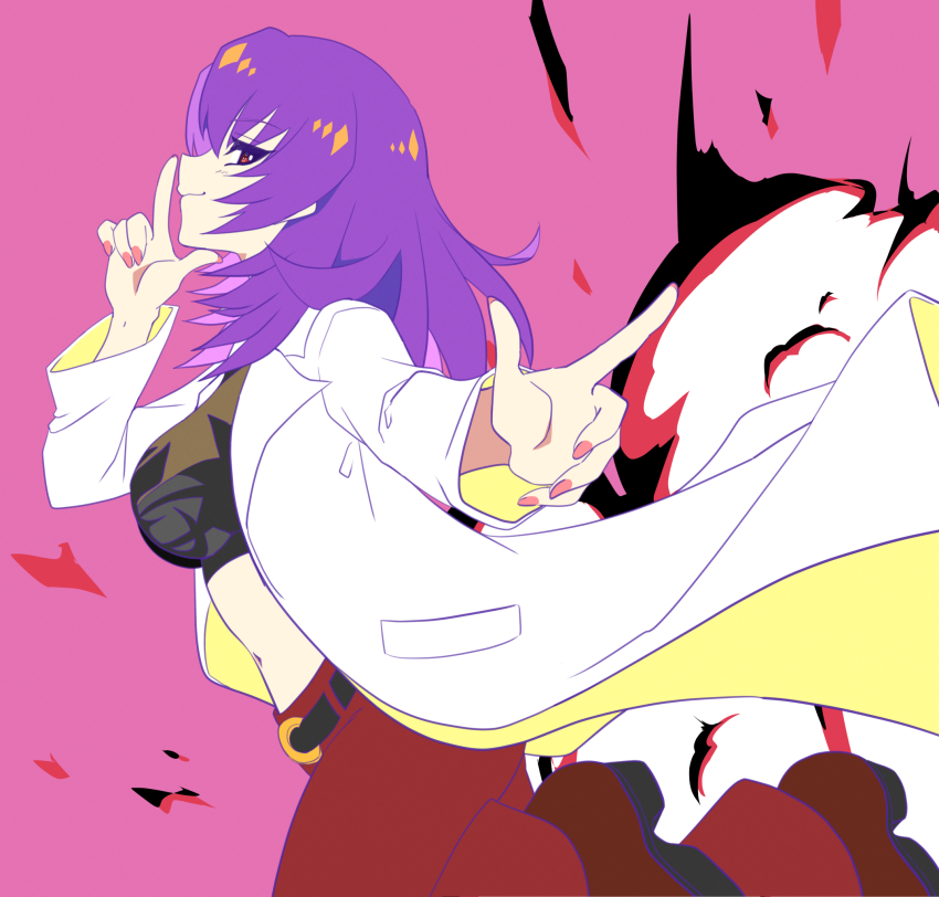 1girl belt black_belt breasts crop_top explosion finger_gun from_side head_tilt highres kamon_rider kouzuki_yuuko lab_coat looking_at_viewer medium_breasts medium_hair midriff muv-luv nail_polish navel pants pink_background pink_nails purple_hair red_eyes red_pants smile solo