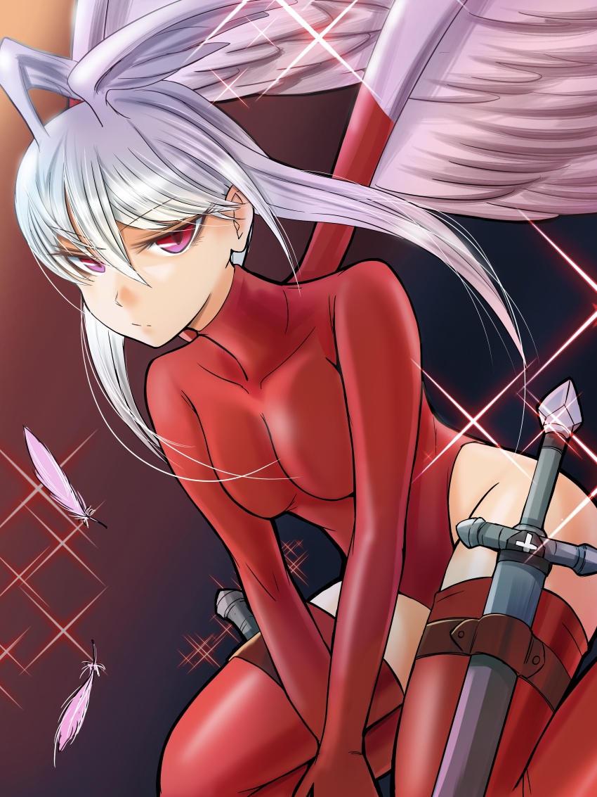 1girl absurdres angel angel_wings breasts closed_mouth feathers final_fantasy final_fantasy_tactics gradient_background highres holster leotard looking_at_viewer medium_breasts rawza red_eyes red_leotard solo sword thigh_holster ultima_(fft) upper_body weapon white_hair wings