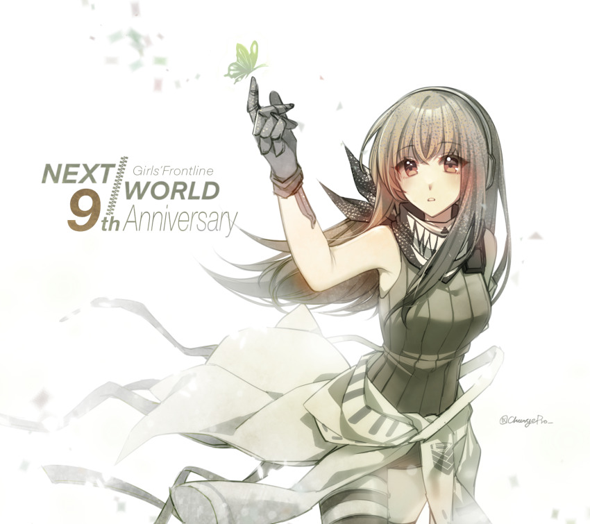 1girl anniversary arm_up artist_name bandana bandana_around_neck brown_eyes brown_hair bug butter butterfly clothes_around_waist commentary copyright_name english_commentary food girls&#039;_frontline green_butterfly headphones highres insect jacket jacket_around_waist long_hair m4a1_(girls&#039;_frontline) open_mouth shadow71580825 short_shorts shorts simple_background white_background white_mouth