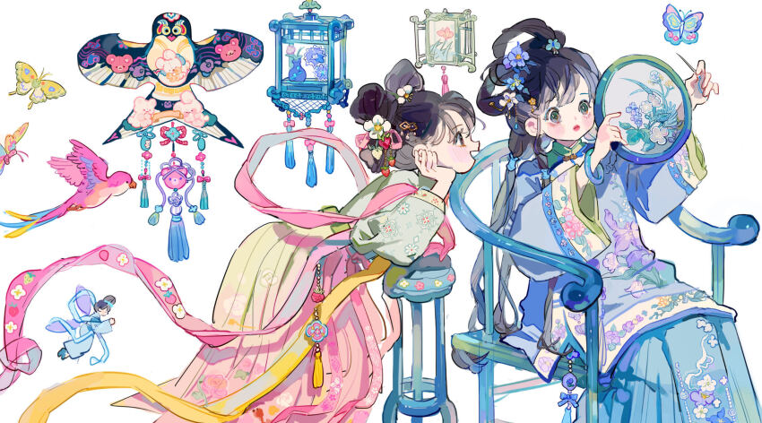 2girls bird black_hair blue_butterfly blue_flower blue_skirt blush bracelet brown_eyes brown_hair bug butterfly chinese_clothes cowboy_shot duijin_ruqun embroidered_skirt embroidery flower food fruit hair_flower hair_ornament hairclip hanfu happy head_rest highres insect jade_(gemstone) jade_bracelet jewelry kite lantern long_sleeves looking_at_another looking_at_object multiple_girls on_chair open_mouth original paper_lantern pink_bird profile purple_flower putong_xiao_gou sitting skirt strawberry white_background white_flower yellow_butterfly