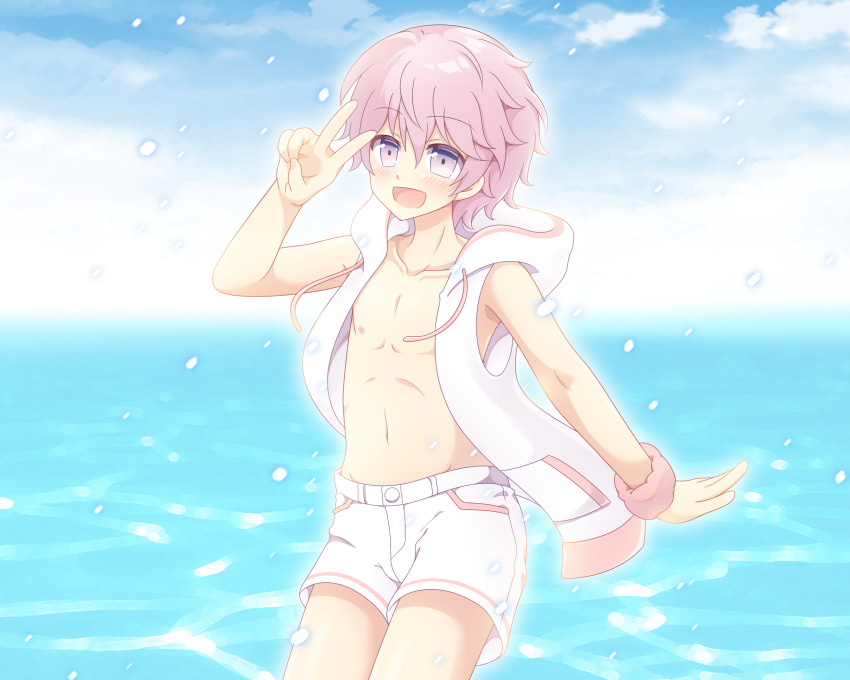 1boy akita_toushirou bare_arms bare_pectorals bare_shoulders blush child cloud daisuke_(9156281) day highres hood hooded_vest hoodie male_focus navel nipples open_clothes open_mouth open_vest outdoors pectorals pink_hair purple_eyes short_shorts shorts sky smile solo touken_ranbu v vest wading water