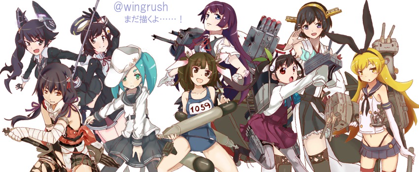 6+girls araragi_karen araragi_tsukihi bakemonogatari bandaged_arm bandages breast_rest breasts cannon carrying carrying_under_arm cosplay crossover damaged fingerless_gloves fooring gloves hachikuji_mayoi hair_ornament hair_ribbon hairband hairclip hanekawa_tsubasa hat hibiki_(kancolle) i-19_(kancolle) i-19_(kancolle)_(cosplay) iguchi_yuka kanbaru_suruga kantai_collection kirishima_(kancolle) kirishima_(kancolle)_(cosplay) long_sleeves machinery makigumo_(kancolle) medium_breasts monogatari_(series) multiple_girls neck_ribbon neckerchief ononoki_yotsugi oshino_shinobu red_ribbon rensouhou-chan reverse_grip ribbon sendai_(kancolle) sendai_(kancolle)_(cosplay) sengoku_nadeko senjougahara_hitagi shimakaze_(kancolle) shimakaze_(kancolle)_(cosplay) ship_turret shiranui_(kancolle) sleeves_past_wrists small_breasts tatsuta_(kancolle) tatsuta_(kancolle)_(cosplay) tenryuu_(kancolle) tenryuu_(kancolle)_(cosplay) torn_clothes torpedo twitter_username verniy_(kancolle) verniy_(kancolle)_(cosplay) voice_actor_connection