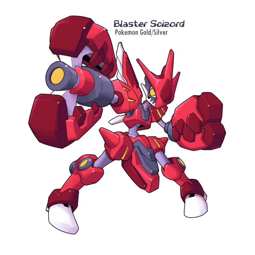 2000s_(style) arm_cannon armor character_name copyright_name full_body gen_2_pokemon highres humanoid_robot insect_wings karakatodzo looking_at_viewer mechanization mega_man_(series) mega_man_zero_(series) nakayama_tooru_(style) nintendo outstretched_hand parody pincers pokemon red_armor robot scizor standing style_parody weapon wings yellow_eyes