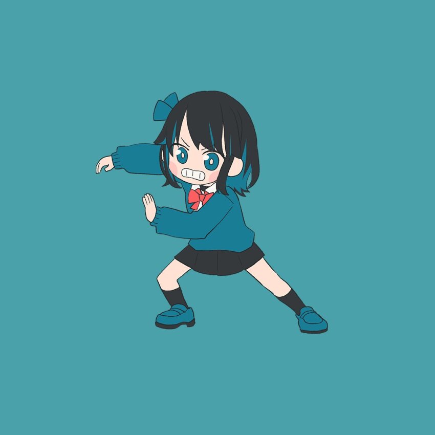 1girl arm_up black_choker black_hair black_skirt black_socks blue_background blue_eyes blue_hair blue_ribbon blue_shoes blue_sweater blush_stickers bow bowtie bright_pupils choker clenched_teeth collared_shirt colored_inner_hair commentary_request deformed full_body furrowed_brow gyari_(imagesdawn) hair_ribbon kneehighs loafers looking_at_viewer medium_hair miniskirt miyamai_moca multicolored_hair official_art pleated_skirt red_bow red_bowtie ribbon school_uniform shinchoku_dame_dame_desu_(synthesizer_v) shirt shoes simple_background skirt socks solo sweater swept_bangs synthesizer_v teeth two-tone_hair v-shaped_eyebrows voicepeak white_pupils white_shirt