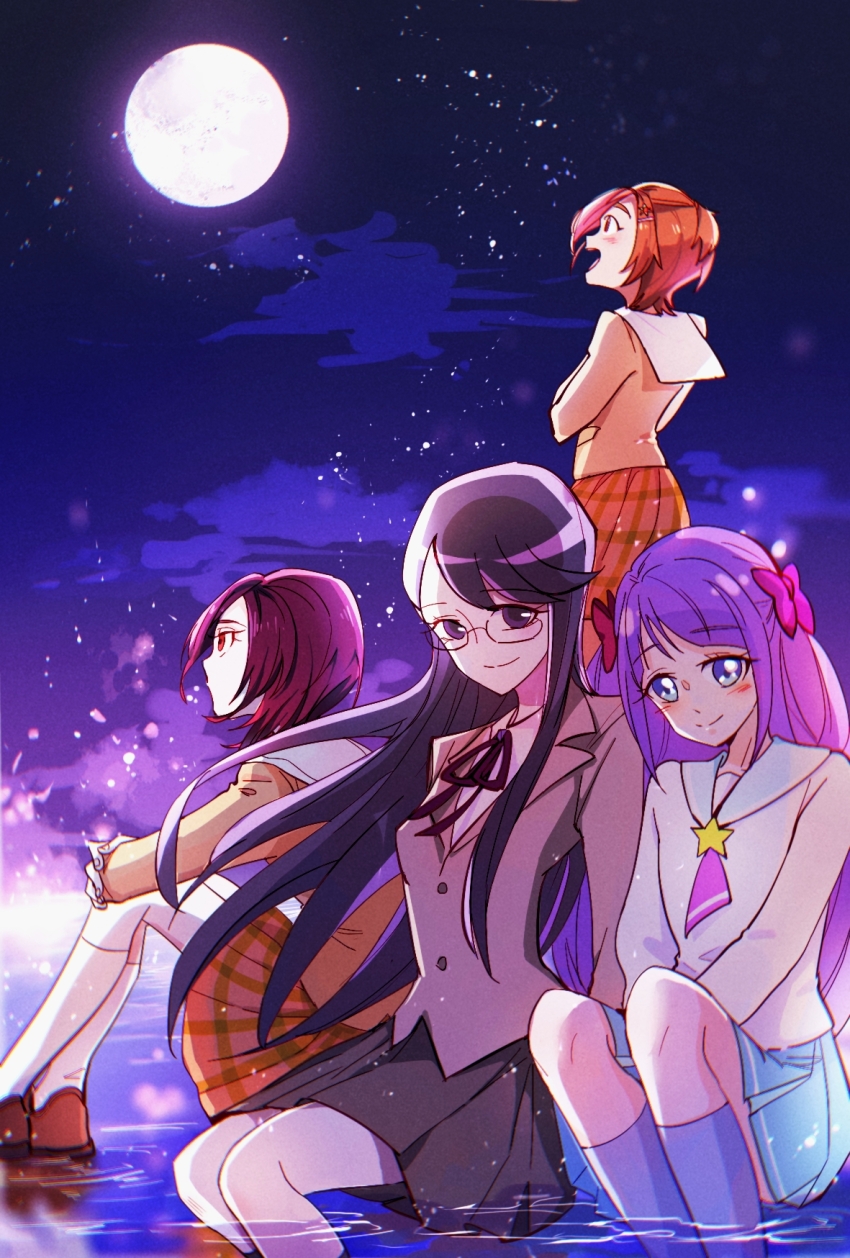 4girls black_eyes black_hair black_ribbon blazer blouse blue_eyes blue_skirt blue_socks bow brown_footwear brown_hair closed_mouth commentary dress_shirt expressionless full_moon futari_wa_precure_splash_star glasses grey_jacket hair_bow hair_ornament hairclip heartcatch_precure! highres hugging_own_legs hyuuga_saki in-franchise_crossover jacket kaguya_madoka kiryuu_michiru kneehighs light_particles long_hair long_sleeves looking_at_viewer medium_hair mihoshi_middle_school_uniform miniskirt moon multiple_girls myoudou_gakuen_high_school_uniform neck_ribbon neckerchief night night_sky open_mouth orange_skirt pink_bow pink_neckerchief plaid_clothes plaid_skirt pleated_skirt precure purple_hair red_eyes reflection ribbon sailor_collar saki_(maichocho) school_uniform serafuku shirt shoes side-by-side sitting skirt sky smile socks standing star_(sky) star_twinkle_precure starry_sky swept_bangs trait_connection tsukikage_yuri wading water white_sailor_collar white_shirt white_socks wind yellow_shirt yuunagi_middle_school_uniform