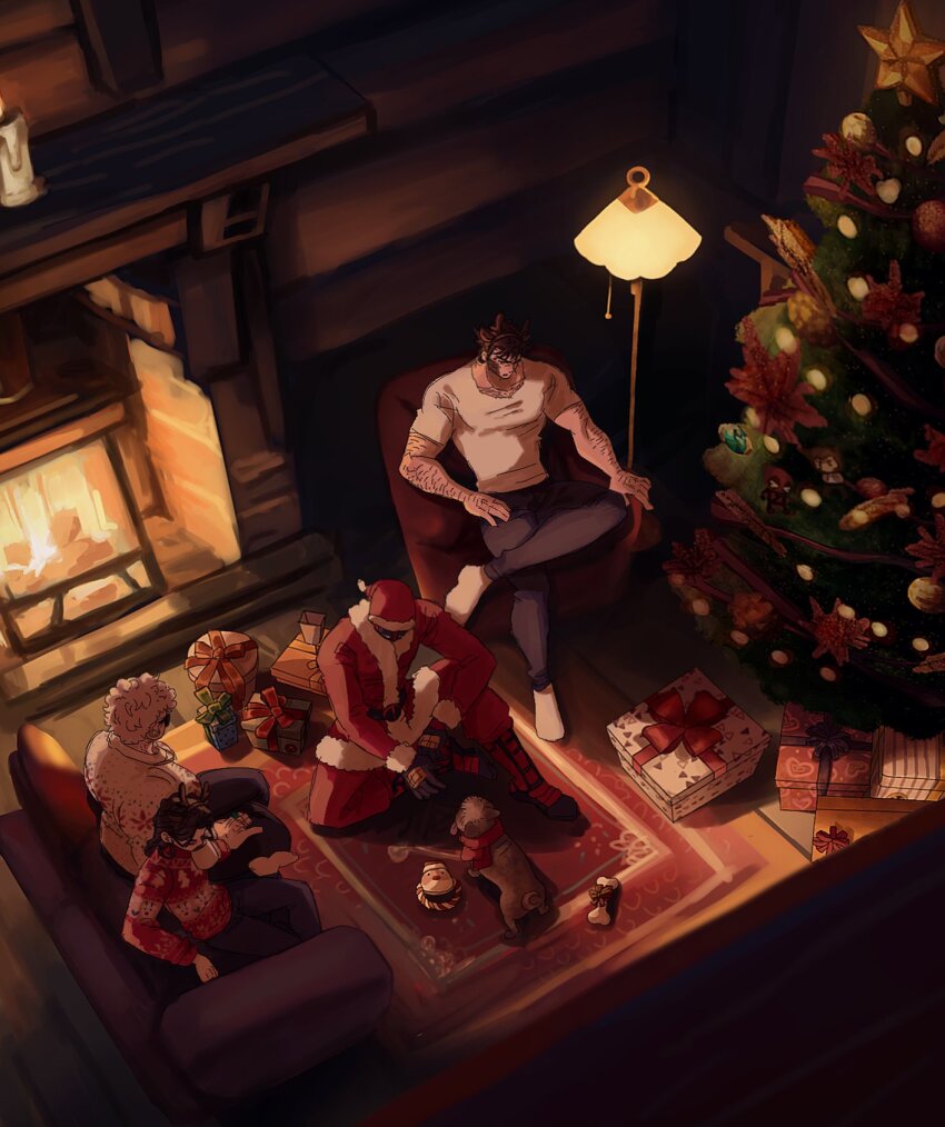 2boys 2girls afro antlers arm_hair beard belt black_gloves blind_al box brown_hair christmas christmas_ornaments christmas_present christmas_tree commentary_request couch deadpool deadpool_&amp;_wolverine deadpool_(series) dog dogpool facial_hair fake_antlers fire fireplace gift gift_box gloves hat highres horns indoors laura_kinney long_hair looking_at_another marvel marvel_cinematic_universe multiple_boys multiple_girls muscular muscular_male on_couch pants ppoooooolvrmm red_mask red_sweater reindeer_antlers santa_costume santa_hat shirt short_hair short_sleeves sitting slice_of_life socks sweater white_shirt white_socks wolverine_(x-men) x-23 x-men