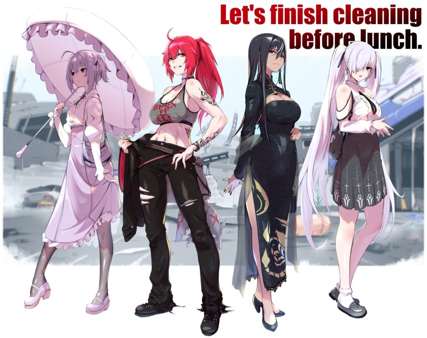 4girls alternate_costume alternate_hairstyle black_hair cinderella_(nikke) crop_top denim dress full_body fune_(fune83ojj) goddess_of_victory:_nikke heretics_(nikke) highres indivilia_(nikke) jeans liberalio_(nikke) multicolored_hair multiple_girls nail_polish nihilister_(nikke) pants purple_hair red_eyes red_hair streaked_hair tattoo white_hair