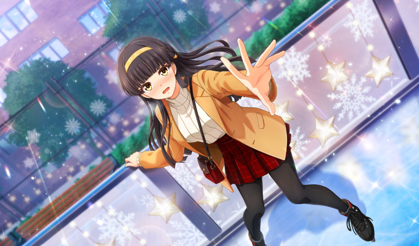 1girl bag bench black_footwear black_hair black_pantyhose blunt_bangs blurry blush cinderella_series depth_of_field dutch_angle film_grain game_cg hachigatsu_no_cinderella_nine hairband highres ice_skates ice_skating jacket lens_flare light_particles long_hair long_sleeves looking_at_viewer non-web_source official_art open_clothes open_jacket open_mouth orange_jacket pantyhose plaid_clothes plaid_skirt pleated_skirt reaching reaching_towards_viewer red_skirt shoulder_bag skates skating skating_rink skirt solo standing sweater teardrop tree tsukishima_yui_(hachigatsu_no_cinderella_nine) white_sweater wooden_bench yellow_eyes yellow_hairband