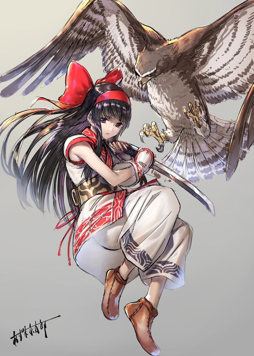 1girl ainu_clothes artist_name azuma_kyoutarou_(artist) black_hair breasts brown_eyes fingerless_gloves gloves hair_ribbon highres legs long_hair looking_at_viewer mamahaha medium_breasts nakoruru official_art pants parted_lips ribbon samurai_spirits shaded_face shoes snk the_king_of_fighters the_king_of_fighters:_a_new_beginning the_king_of_fighters_xiv thighs traditional_media weapon