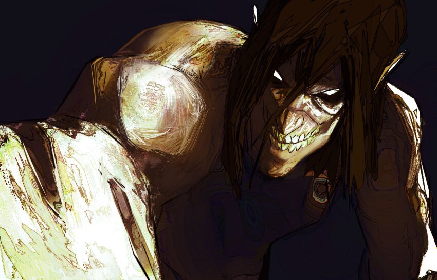 1boy blank_eyes brown_hair chiaroscuro commentary eren_yeager highres male_focus pointy_ears rogue_titan shingeki_no_kyojin skinqw solo teeth titan_(shingeki_no_kyojin) upper_body