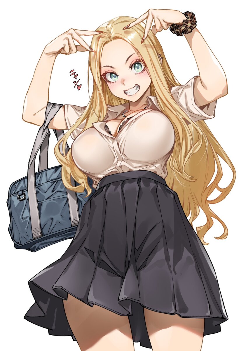 1girl :d bag black_bra black_skirt blonde_hair blush bra bra_peek breasts cleavage double_v earrings green_eyes gyaru hands_up high-waist_skirt highres jewelry large_breasts long_hair looking_at_viewer nail_polish necklace open_mouth original parted_bangs plaid_scrunchie pleated_skirt red_nails saeki_shun school_bag school_uniform scrunchie shirt shirt_tucked_in short_sleeves simple_background skirt smile solo thighs underwear v v_over_head white_background white_shirt wrist_scrunchie