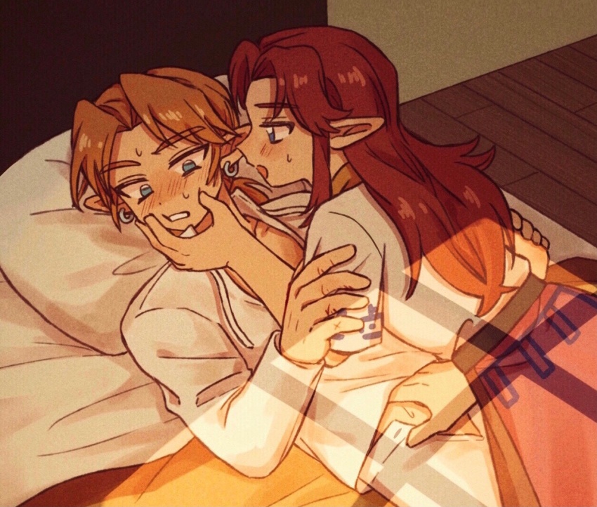1boy 1girl bed blonde_hair blush dress earrings hand_on_another&#039;s_face hand_on_another&#039;s_hip hand_under_clothes hand_under_shirt hetero jewelry link lying malon nintendo on_back on_bed open_mouth pillow pointy_ears ponytail shirt sweatdrop teateeeea the_legend_of_zelda the_legend_of_zelda:_ocarina_of_time undershirt underwear underwear_only