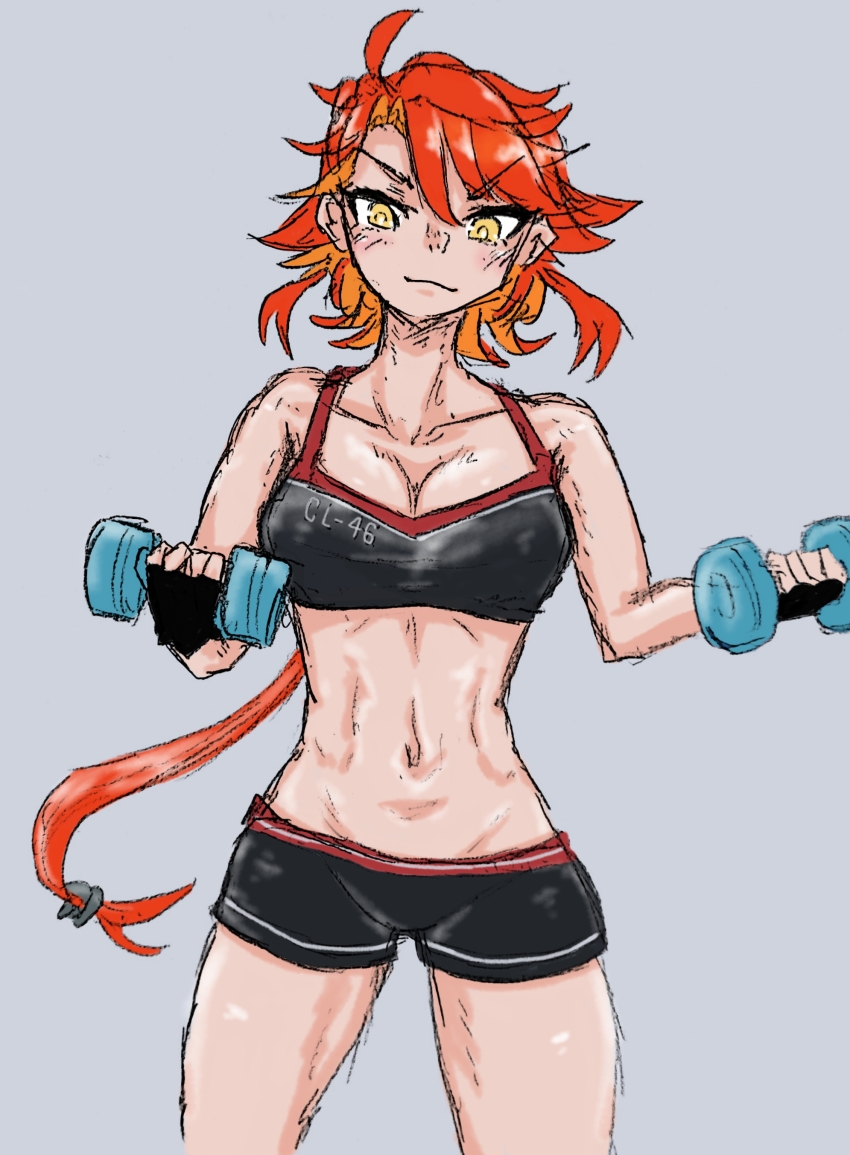 36rt abs absurdres alternate_costume azur_lane black_bra black_sports_bra blush bra bra_writing clothes_writing cowboy_shot dumbbell exercising grey_background hair_ornament highres navel phoenix_(azur_lane) red_hair short_shorts shorts simple_background smug sports_bra thighs underwear underwear_writing weightlifting yellow_eyes