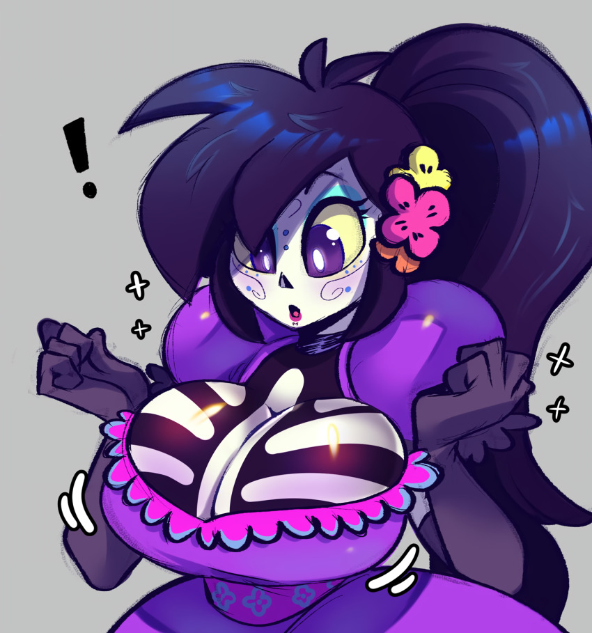 1girl black_gloves black_hair breasts catalina_(catalina_la_catrina) catalina_la_catrina cleavage dia_de_muertos dress elbow_gloves flower flower_on_head gloves grey_background highres karladraws14 large_breasts long_hair mexico open_mouth ponytail puffy_short_sleeves puffy_sleeves purple_dress purple_eyes short_sleeves simple_background skeleton_print solo