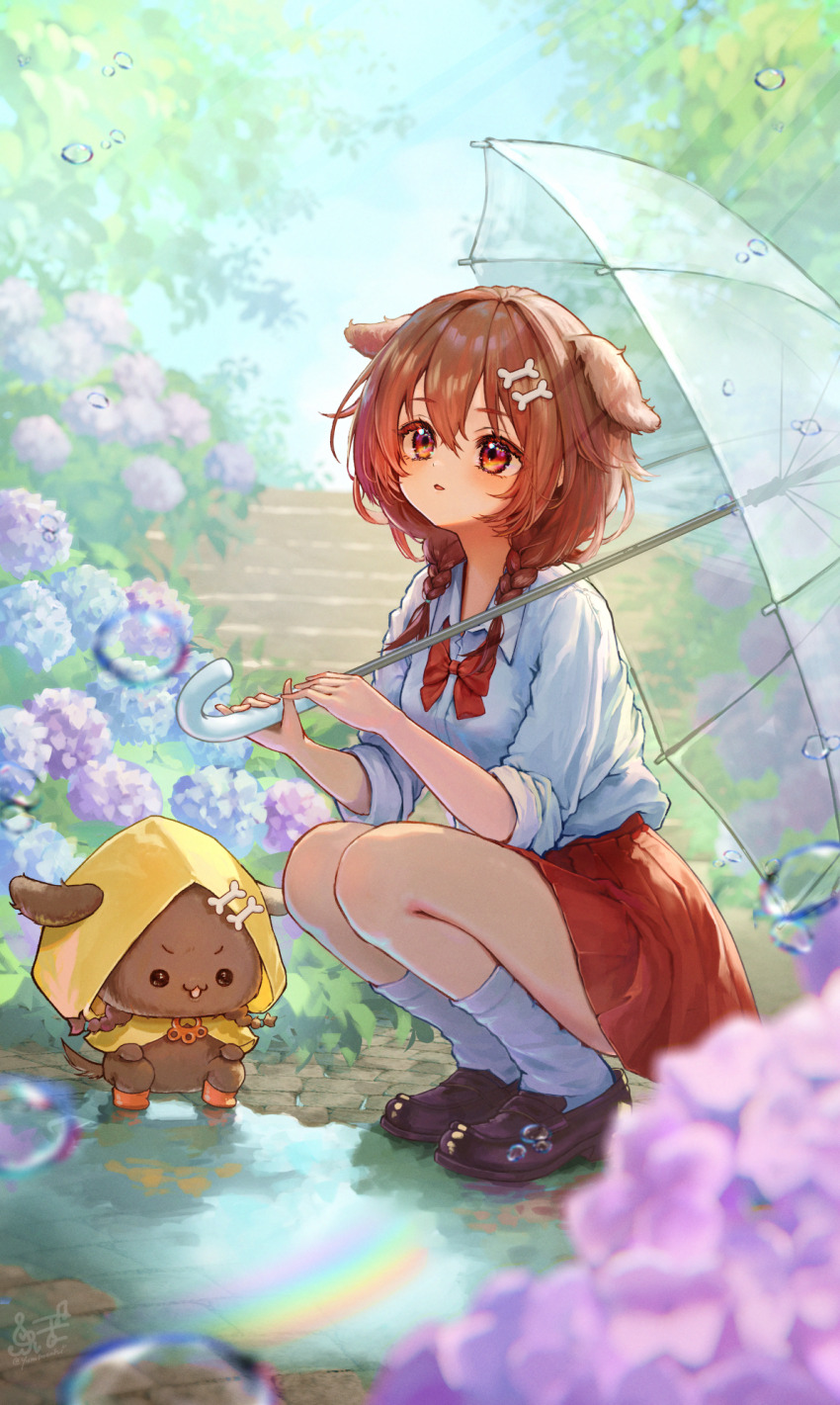 1girl animal_ears bone_hair_ornament braid brown_eyes brown_hair dog_ears dog_girl flower hair_ornament highres holding holding_umbrella hololive hydrangea inugami_korone long_hair miniskirt outdoors pleated_skirt raincoat red_skirt shoes skirt socks solo twin_braids umbrella virtual_youtuber yellow_raincoat yun_bo_(yumbocchi)
