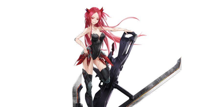 1girl android bad_source bare_arms bare_shoulders beatless breasts cleavage cropped_legs device dress grin hair_ornament hand_on_own_hip highres holding holding_weapon kouka_(beatless) long_hair mecha_musume off-shoulder_dress off_shoulder official_art over-kneehighs parted_bangs red_eyes red_hair rekaerb_maerd seams simple_background smile standing standing_on_one_leg thighhighs transparent_background weapon zettai_ryouiki