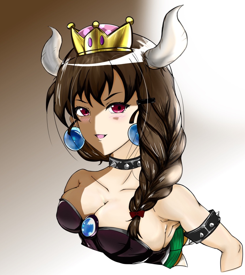 1girl armlet black_dress blue_gemstone bowsette bowsette_(cosplay) braid breasts brown_hair collar cosplay curled_horns dress earrings fake_horns gem girls_und_panzer gradient_background hair_ornament hairpin highres horns jewelry kaisoku556 large_breasts long_braid long_hair mario_(series) nintendo red_eyes red_ribbon ribbon rukuriri_(girls_und_panzer) single_braid spiked_armlet spiked_collar spikes strapless strapless_dress super_crown tube_top turtle_shell upper_body white_horns