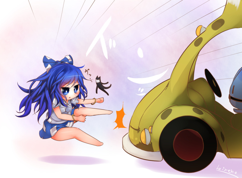 1girl bangle barefoot bikuseno blue_eyes blue_hair blue_skirt blush bow bracelet bright_pupils bus chibi commentary_request crossover debt emphasis_lines full_body grey_hoodie hair_bow hood hood_down hoodie japari_bus jewelry kemono_friends long_hair lucky_beast_(kemono_friends) motor_vehicle open_mouth short_sleeves signature skirt stuffed_animal stuffed_cat stuffed_toy touhou white_pupils yorigami_shion