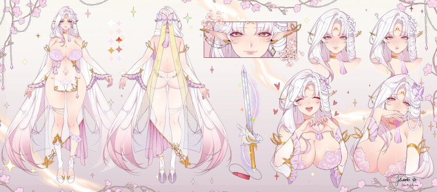 1girl ? absurdres ass breasts brown_eyes butterfly_hair_ornament cleavage closed_eyes color_guide elf facial_mark flower forehead_mark hair_flower hair_ornament heart heart_hands high_heels highres kuzeri large_breasts lips long_hair median_furrow multiple_views open_mouth original pink_flower pointy_ears purple_flower reference_sheet second-party_source shoes smile sword tassel tearing_up weapon white_hair white_shoes