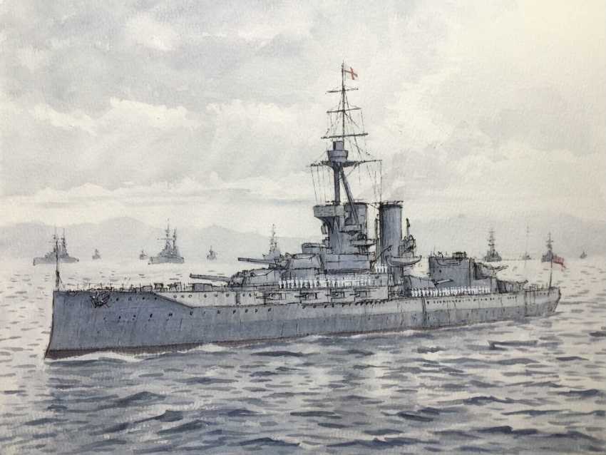6+boys atelier_bono battleship cannon cloud commentary_request highres hms_iron_duke_(battleship) military_uniform military_vehicle multiple_boys naval_uniform naval_working_uniform ocean original outdoors painting_(medium) royal_navy ship ship_turret sky smokestack traditional_media vehicle_focus warship watercolor_(medium) watercraft white_ensign