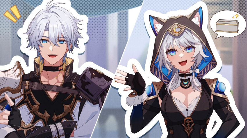 1boy 1girl animal_ear_fluff animal_ears animal_hood antenna_hair aqua_eyes armor black_gloves black_shirt blue_eyes breasts cat_ears cat_girl cat_hood choker cipher_(honkai:_star_rail) crossed_arms fingerless_gloves gloves grey_hair hair_between_eyes highres honkai:_star_rail honkai_(series) hood long_hair long_sleeves open_mouth phainon_(honkai:_star_rail) pochimaru_(marumaru_wanwan) second-party_source shirt short_hair shoulder_armor smile tattoo white_hair