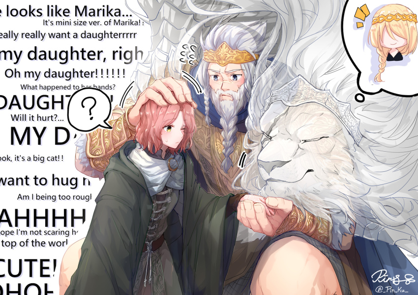 1boy 1girl ? animal armor beard blue_cape blush breastplate brown_hair cape capelet closed_mouth commentary crown dress elden_ring english_text facial_hair flying_sweatdrops godfrey_first_elden_lord green_cape grey_dress grey_eyes hand_on_another&#039;s_head headpat height_difference highres hood hood_down hooded_cape lion melina_(elden_ring) one_eye_closed pin.s queen_marika_the_eternal serosh_(elden_ring) short_hair signature speech_bubble sweatdrop twitter_username white_capelet white_hair yellow_eyes