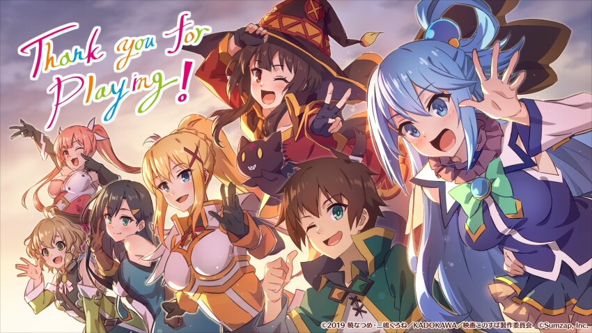 1boy 6+girls :d ;d aqua_(konosuba) bat_wings black_cat black_hair blonde_hair blue_eyes blue_hair braid brown_hair cat chomusuke cielo_(konosuba) commentary_request copyright_notice darkness_(konosuba) erika_(konosuba) green_eyes hair_rings highres kono_subarashii_sekai_ni_shukufuku_wo! konosuba!_fantastic_days lia_(konosuba) long_hair looking_at_viewer megumin multiple_girls official_art one_eye_closed open_mouth pink_eyes pink_hair ponytail ponytail_with_braided_base red_eyes satou_kazuma short_hair short_hair_with_long_locks single_hair_ring smile twintails winged_cat wings