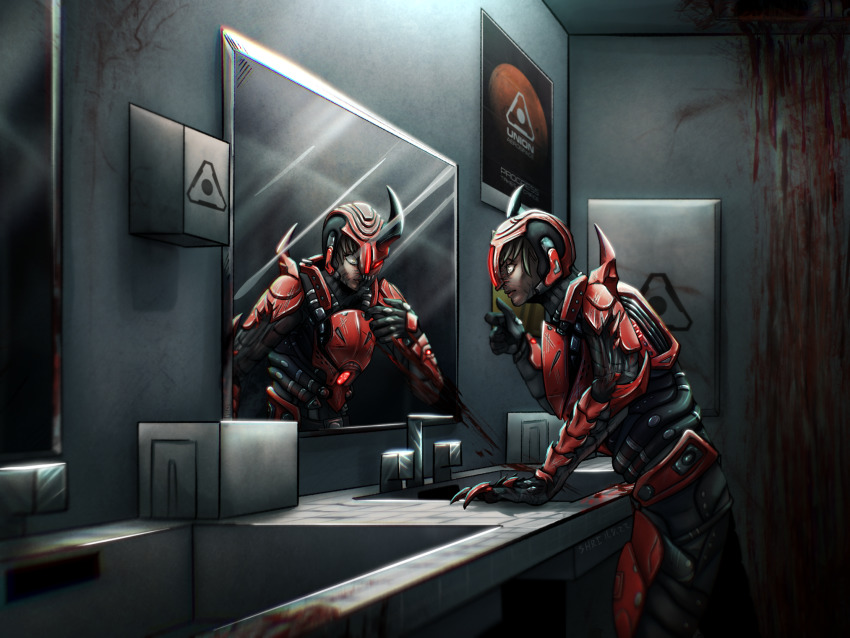 1girl armor bathroom blood blood_trail body_horror bodysuit broken_armor broken_helmet claws corruption dark-skinned_female dark_skin day_of_wrath_(infinitypilot) demon demon_girl demon_horns doom_(2016) doom_(series) doom_3 elite_guard_(doom) fanfic glowing glowing_armor glowing_eye glowing_eyes green_eyes helmet highres horns horrified horror_(theme) looking_at_mirror mars_(planet) mirror mutation original red_armor red_eyes public_restroom ruby_taylor_(day_of_wrath) scared science_fiction shri_nixaldur soldier solo staring surprised transformation warrior wide-eyed