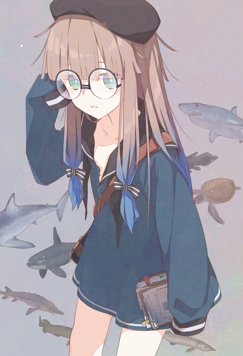 1girl beret black_hat black_sailor_collar blue_hair blue_shirt blush breasts brown_hair fate/grand_order fate_(series) fish glasses gradient_hair green_eyes hat highres long_hair long_sleeves looking_at_viewer multicolored_hair nemo_(fate) professor_nemo_(fate) round_eyewear sailor_collar saipaco shirt sidelocks sleeves_past_fingers sleeves_past_wrists small_breasts solo two-tone_hair