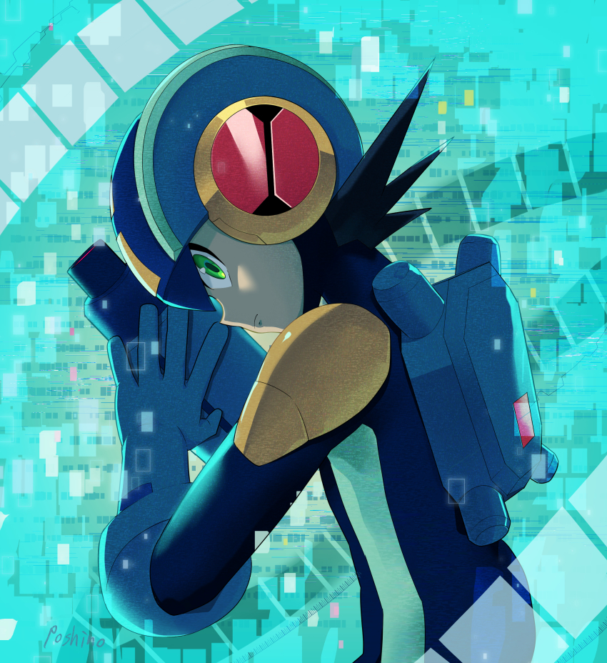 1boy absurdres arm_cannon black_hair blue_helmet cowboy_shot from_behind green_eyes helmet highres looking_at_viewer looking_back male_focus mega_man_(series) mega_man_battle_network_(series) megaman.exe netnavi poshino_pikari solo spiked_hair weapon
