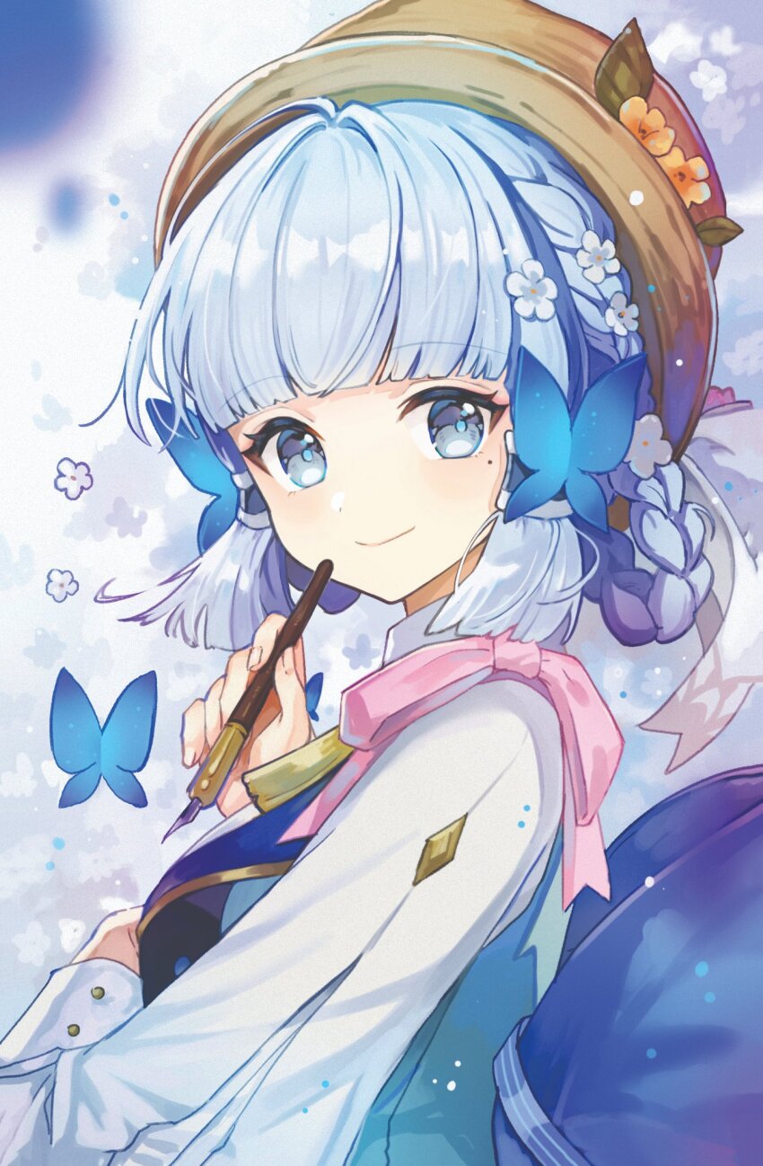 1girl ayaka_(genshin_impact) blue_bow blue_eyes blue_hair blunt_bangs bow braid brown_hat butterfly_hair_ornament collar collared_shirt corset dress flower flowers_in_hair genshin_impact hair_ornament hair_rings hat highres jewelry kamisato_ayaka kamisato_ayaka_(springbloom_missive) light_blue_hair long_sleeves looking_at_viewer mole mole_under_eye pink_ribbon renian ribbon ring shirt sidelocks simple_background smile solo tassel white_collar yellow_buttons