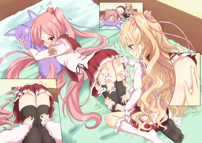 2girls absurdres ass bed bed_sheet black_thighhighs blonde_hair blush bow breasts brown_eyes candy_hair_ornament commentary_request commission fang food-themed_hair_ornament hair_bow hair_ornament hair_ribbon hidan_no_aria highres kanzaki_h._aria kneehighs kneeling long_hair long_sleeves looking_back lying mine_riko miniskirt motion_lines multiple_girls multiple_views nervous ofuchobetto_shirai on_stomach open_mouth pillow pink_hair pixiv_commission pleated_skirt red_eyes ribbon school_uniform serafuku shaking shirt sitting sitting_on_leg skirt smile socks sweat tears thighhighs tickling tickling_legs tongue twintails two_side_up very_long_hair wariza white_socks yuri