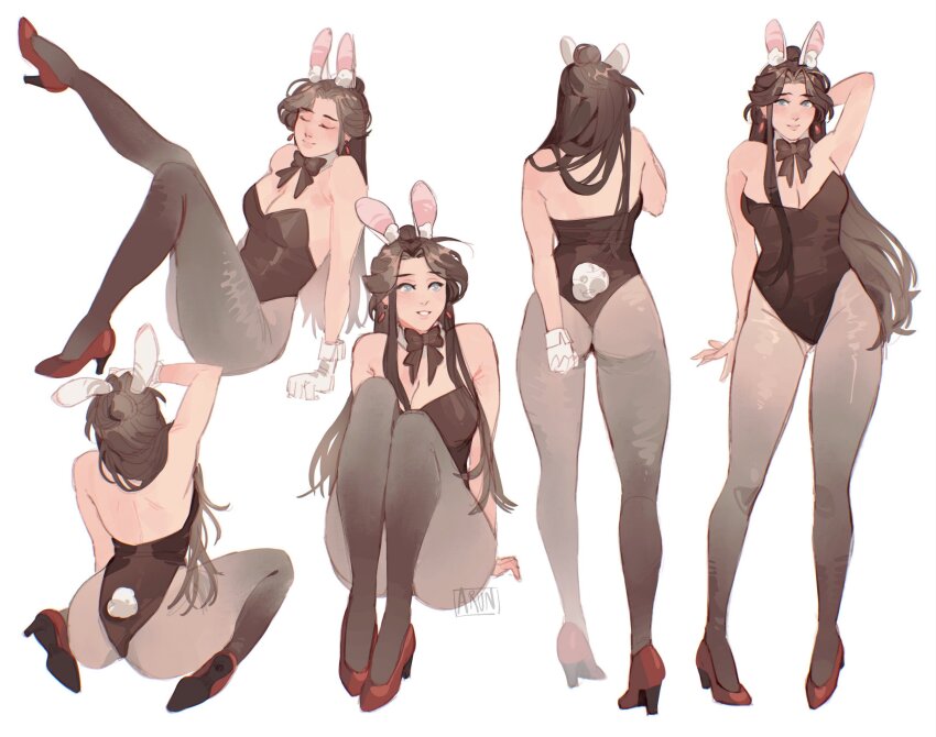 1girl absurdres animal_ears arm_behind_head arm_up artist_name ass back bare_shoulders bbybluemochi black_bow black_leotard blue_eyes blush bow breasts brown_hair cleavage closed_eyes commentary contrapposto detached_collar earrings english_commentary fake_animal_ears fake_tail floating_earring from_behind full_body genderswap genderswap_(mtf) gloves groin hair_over_shoulder high_heels highres jewelry large_breasts leg_up leotard light_smile lips long_hair looking_at_viewer multiple_views pantyhose parted_lips playboy_bunny rabbit_ears rabbit_tail red_footwear seductive_smile see-through_clothes signature simple_background sitting smile standing straight-on strapless strapless_leotard tail thick_thighs thighs tianguan_cifu wariza white_background white_gloves xie_lian