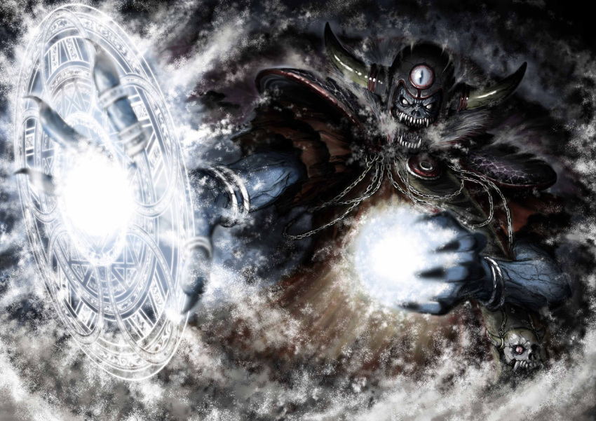 1boy armor black_nails bloodshot_eyes blue_skin bracelet casting_spell chain colored_skin commentary_request dragon_quest dragon_quest_iii fake_horns fingernails helmet horned_helmet horns jewelry magic magic_circle male_focus monster monster_focus necklace no_humans open_mouth orange_robe pauldrons reservoirdogskozou ring robe sharp_fingernails sharp_teeth shoulder_armor skull_necklace slit_pupils solo teeth third_eye white_eyes zoma
