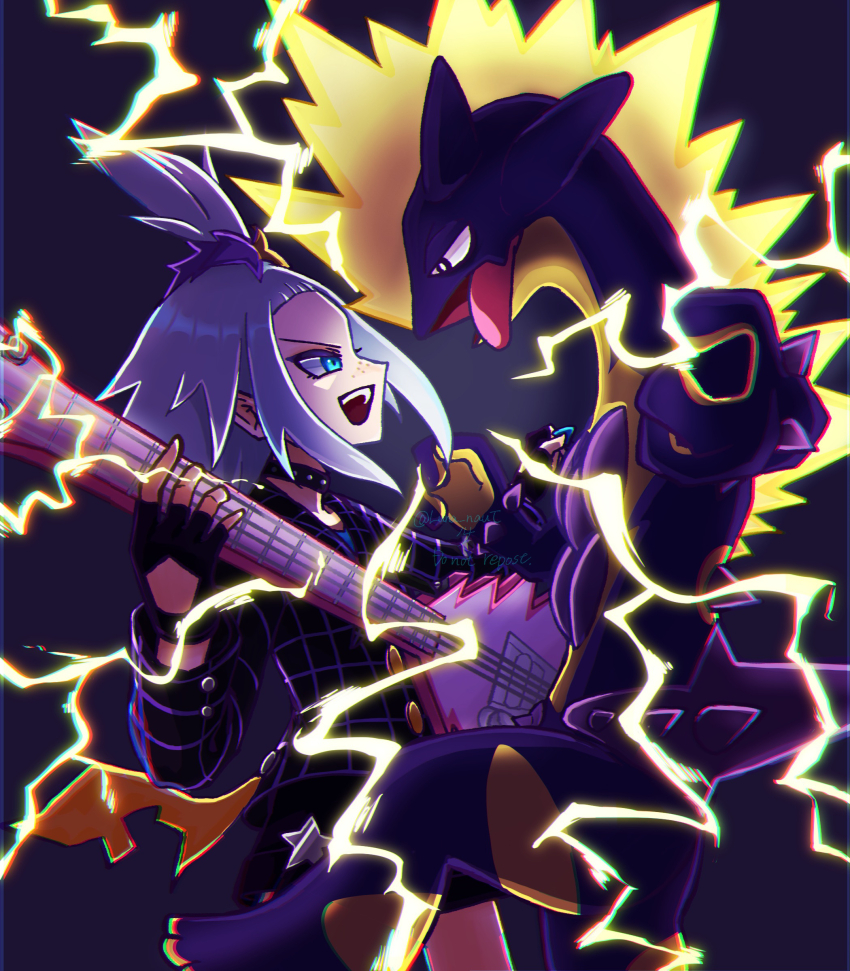 1girl 1other absurdres blue_eyes creature electric_guitar electricity gen_8_pokemon guitar highres holding holding_guitar holding_instrument instrument looking_at_another medium_hair music neon_lights nintendo open_mouth pokemon pokemon_(creature) pokemon_masters_ex ponytail roxie_(pokemon) roxie_(sygna_suit)_(pokemon) runa_(luna_naut) smile standing teamwork tongue tongue_out toxtricity toxtricity_(amped)