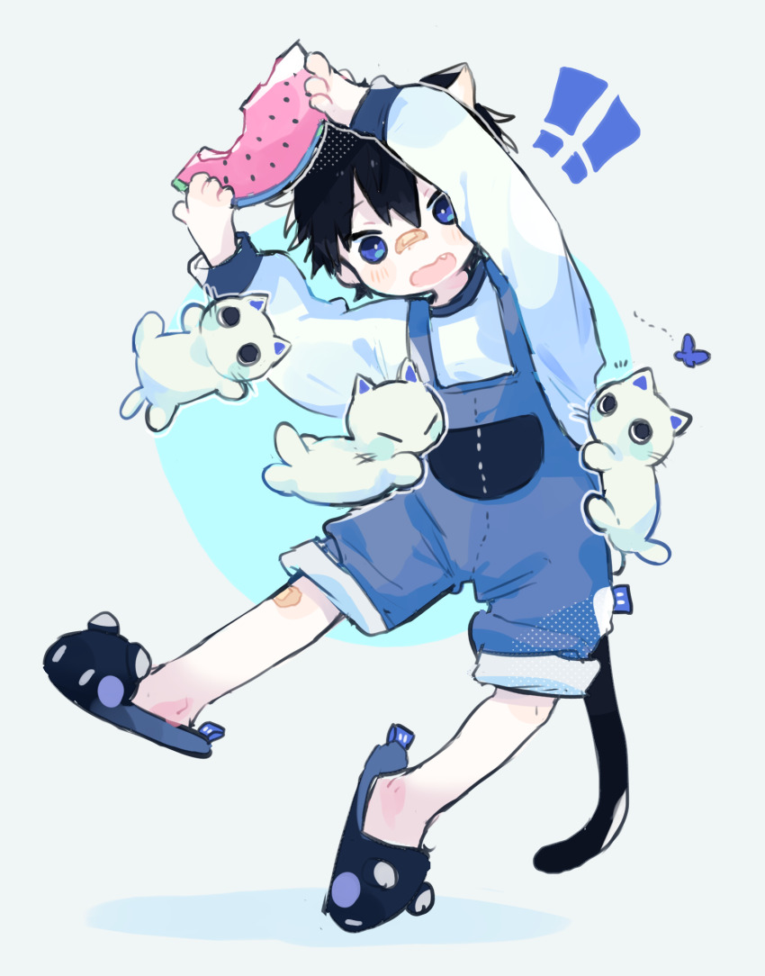 ! !! 1boy animal_ears arms_up bandaid bandaid_on_face bandaid_on_knee bandaid_on_leg bandaid_on_nose black_hair black_slippers blue_eyes blue_overalls blush_stickers bug butterfly cat cat_boy cat_ears cat_tail commentary_request cotono_(nazekun) fang food fruit full_body highres holding holding_food holding_fruit insect long_sleeves male_focus open_mouth original overall_shorts overalls shirt short_hair slippers solo tail watermelon watermelon_slice white_cat white_shirt
