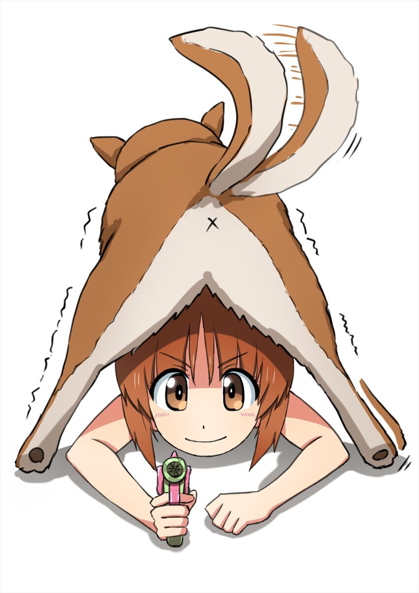 1girl aiming animal brown_eyes commentary_request dog dog_tail girls_und_panzer highres looking_at_viewer nishizumi_miho omachi_(slabco) shiba_inu short_hair tail tail_wagging x_anus